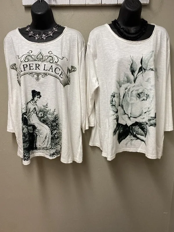 2 Graphic Prints - One Size Casual Top with 3/4 Sleeves