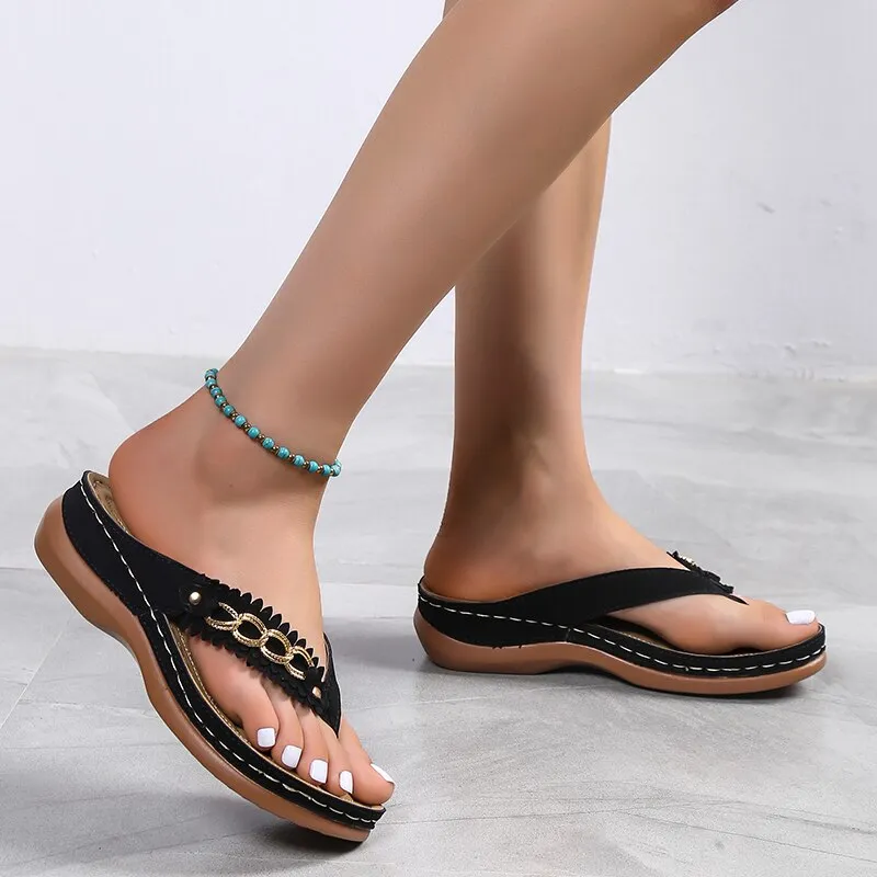 2022 New Summer Flower Women&#39;s Sandals Car Line Non-slip Beach Shoes Large Size Flip Flops Wedges Comfortable Sandals Women 43