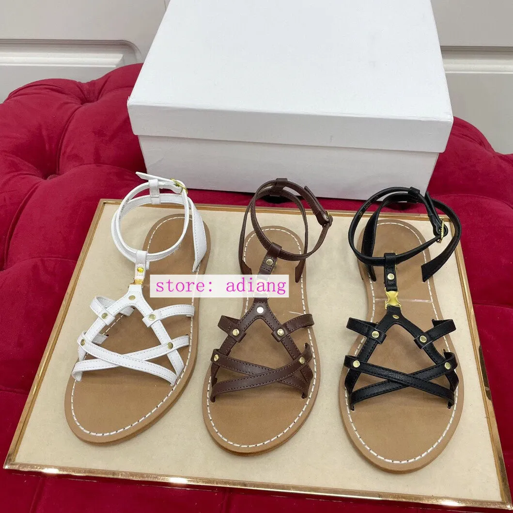 35-40 vintage cow leather flats sandal casual cool shoes women 2023 brown black white