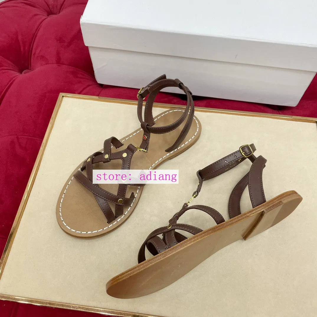 35-40 vintage cow leather flats sandal casual cool shoes women 2023 brown black white