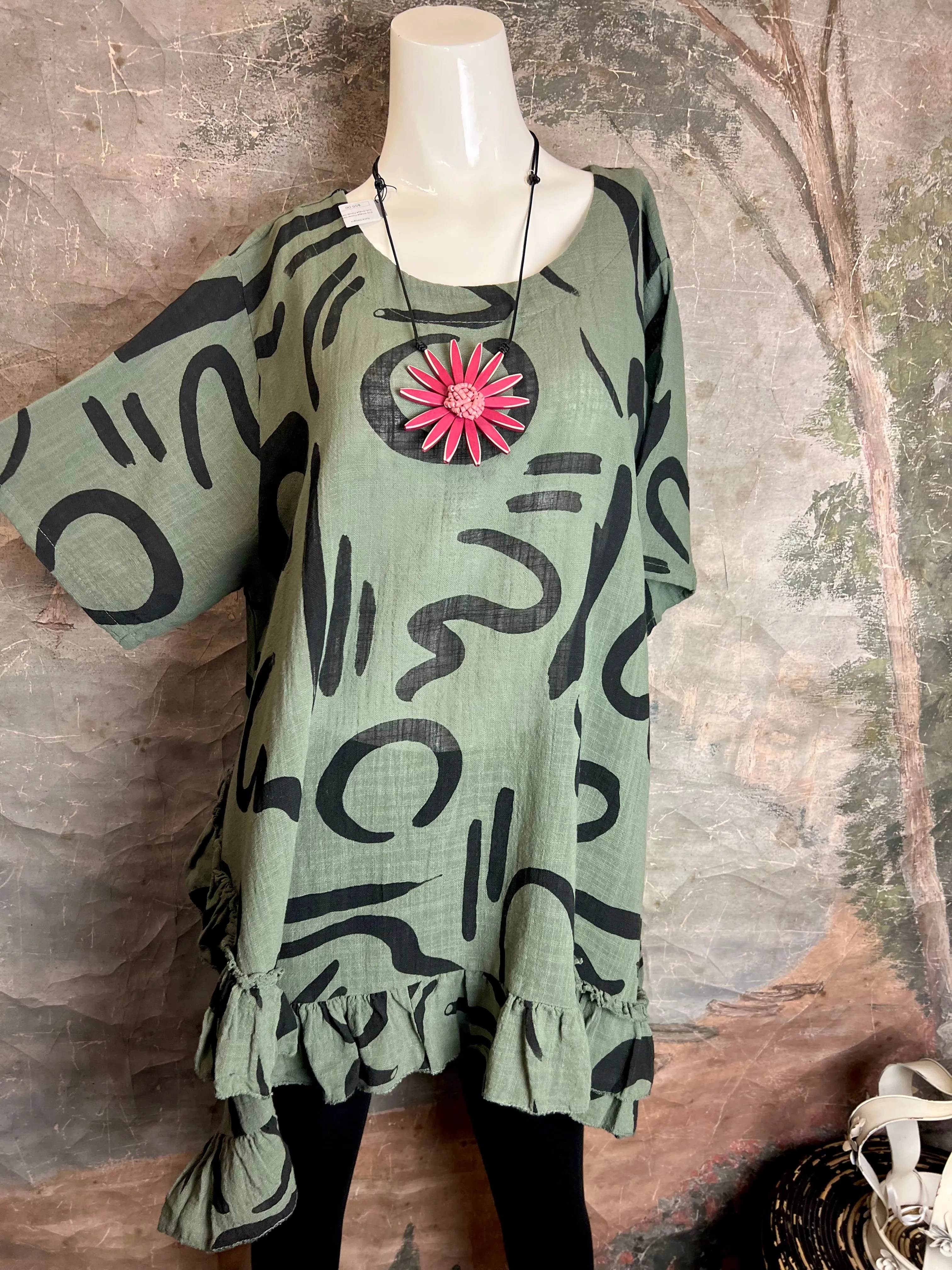 91307 ART Gibberish Ruffle Top-OLIVE