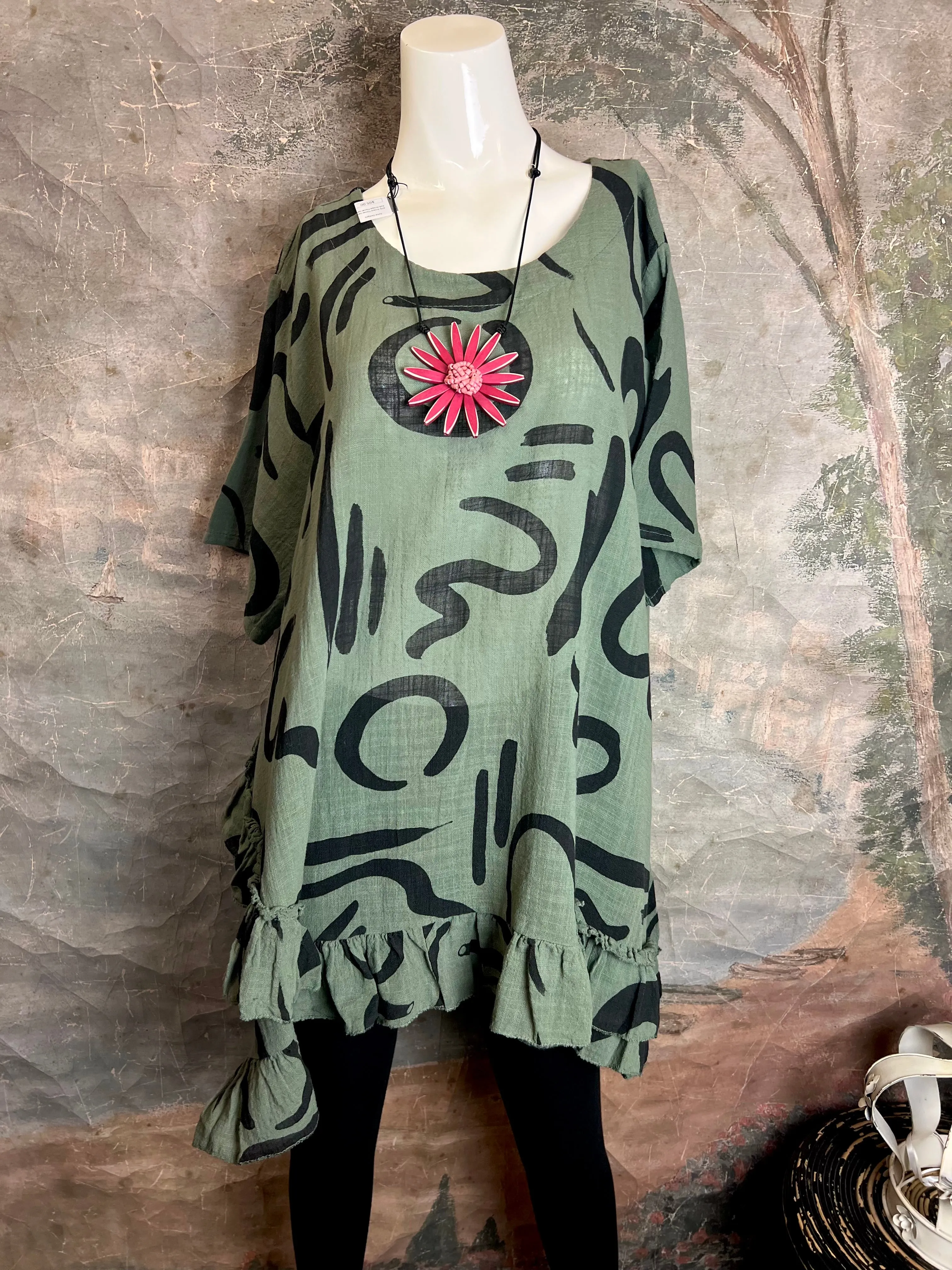 91307 ART Gibberish Ruffle Top-OLIVE