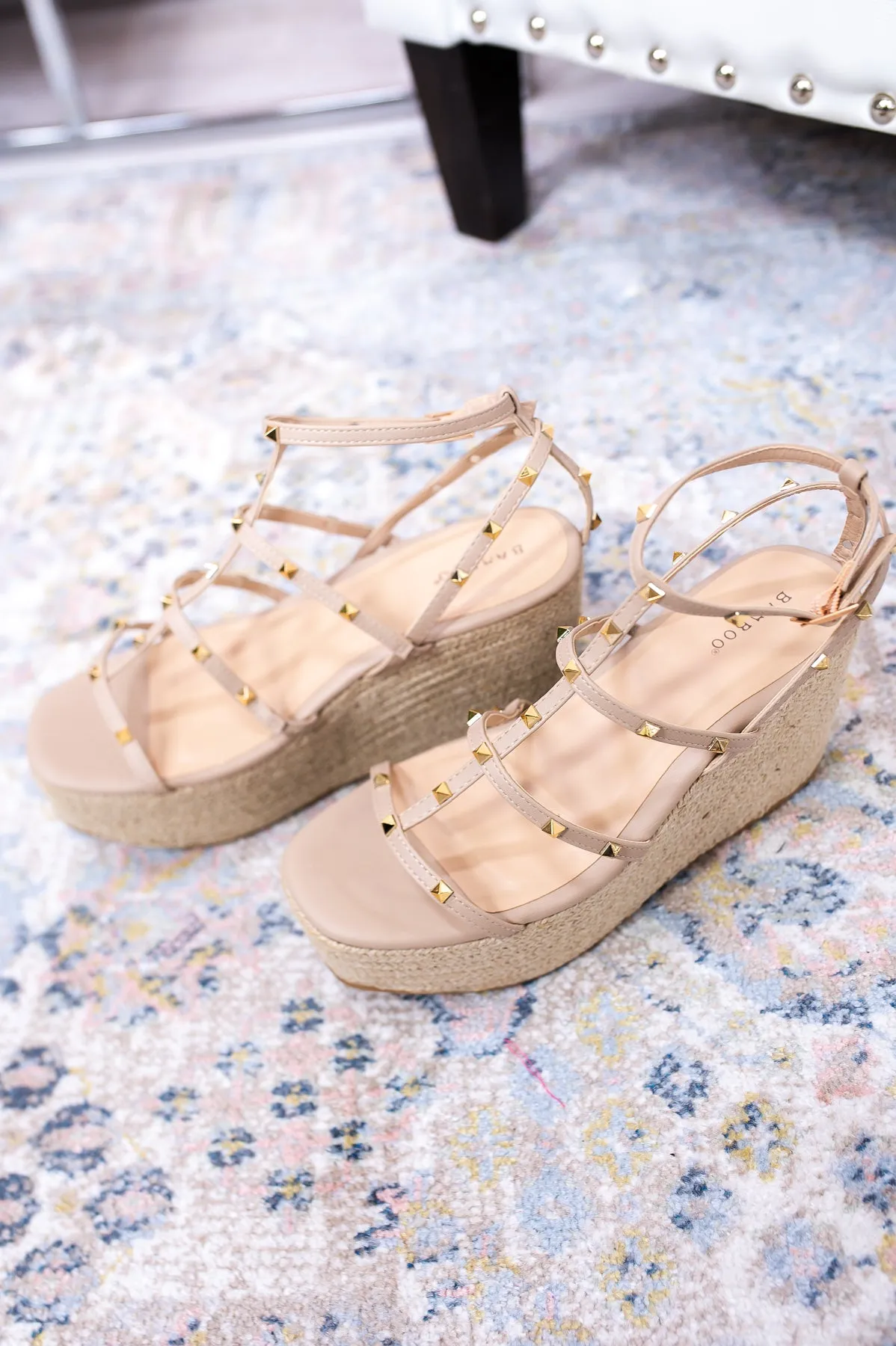 A Date With Destiny Nude/Gold Studded Espadrille Wedge Sandals - SHO2541NU