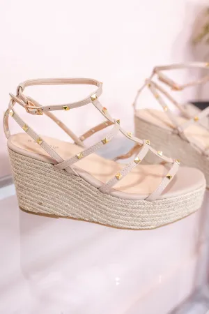 A Date With Destiny Nude/Gold Studded Espadrille Wedge Sandals - SHO2541NU