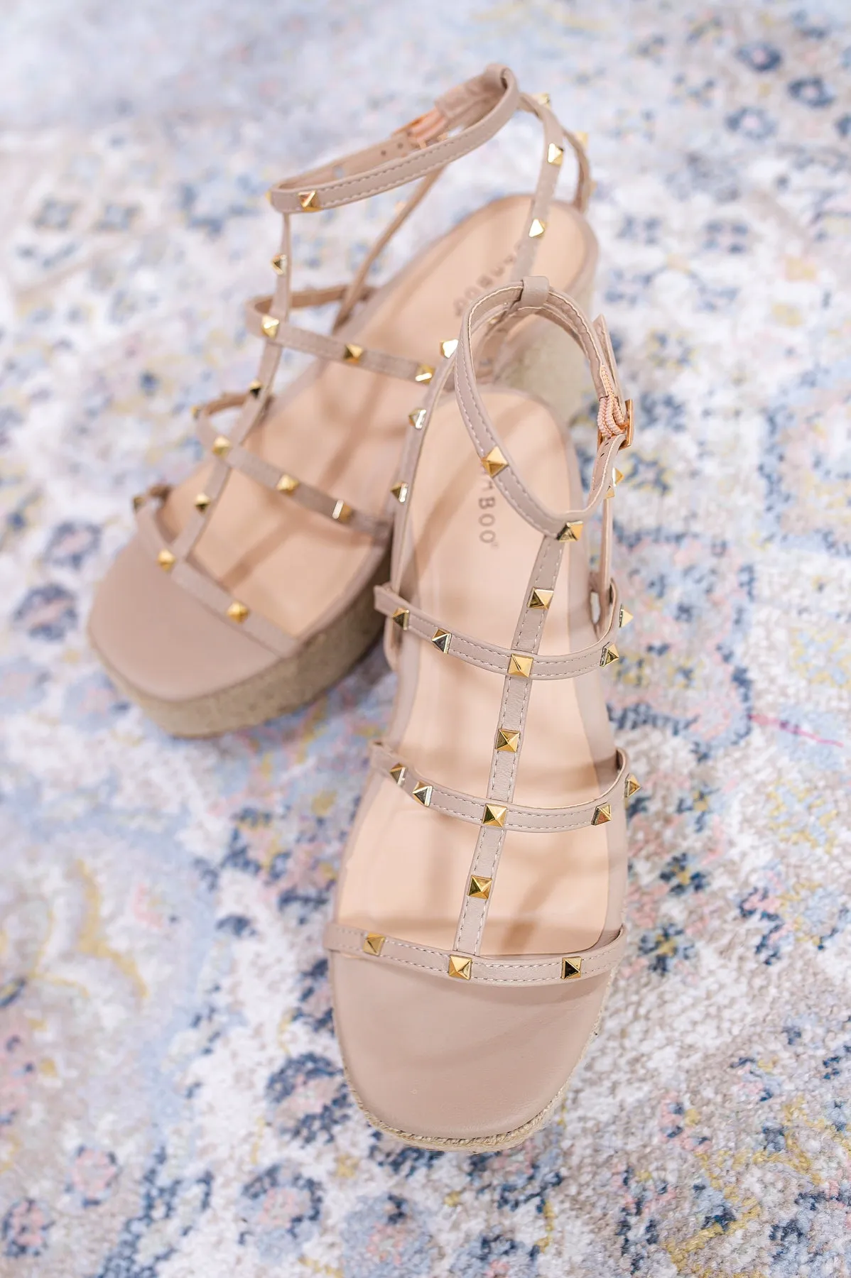 A Date With Destiny Nude/Gold Studded Espadrille Wedge Sandals - SHO2541NU