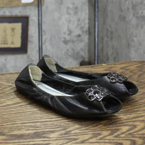 A New Approach Womens Vintage Rhinestone Open Toe Leather Flats Black 6.5M