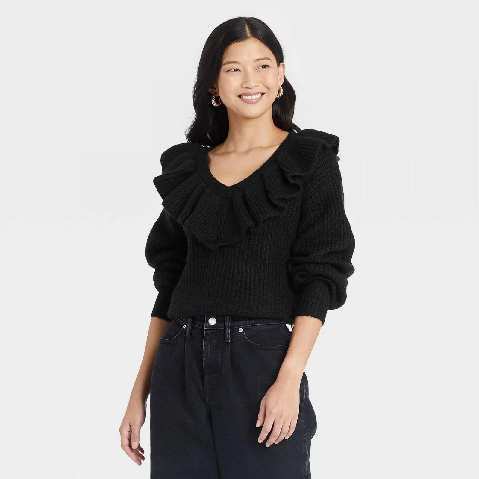 A New Day Women's V-Neck Ruffle Pullover Sweater Black L