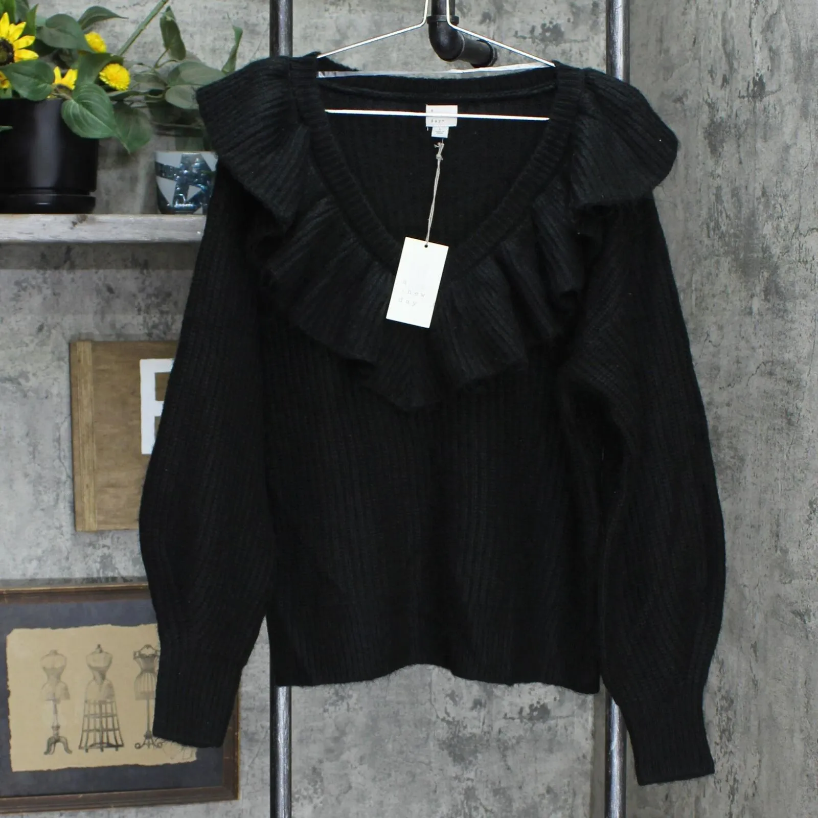 A New Day Women's V-Neck Ruffle Pullover Sweater Black L