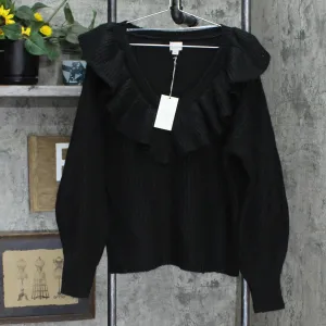 A New Day Women's V-Neck Ruffle Pullover Sweater Black L