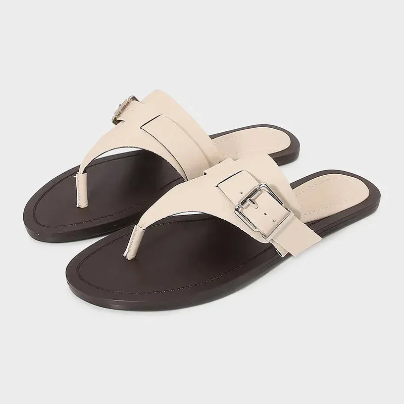 ADVBRIDGE  -  New 2025 Summer Designer Flip Flops Women Fashion Metal Buckle Soft Leather Flat Sandals Lightweight Comfortable Beach Slippers