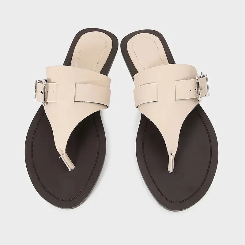 ADVBRIDGE  -  New 2025 Summer Designer Flip Flops Women Fashion Metal Buckle Soft Leather Flat Sandals Lightweight Comfortable Beach Slippers