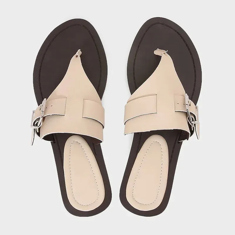 ADVBRIDGE  -  New 2025 Summer Designer Flip Flops Women Fashion Metal Buckle Soft Leather Flat Sandals Lightweight Comfortable Beach Slippers