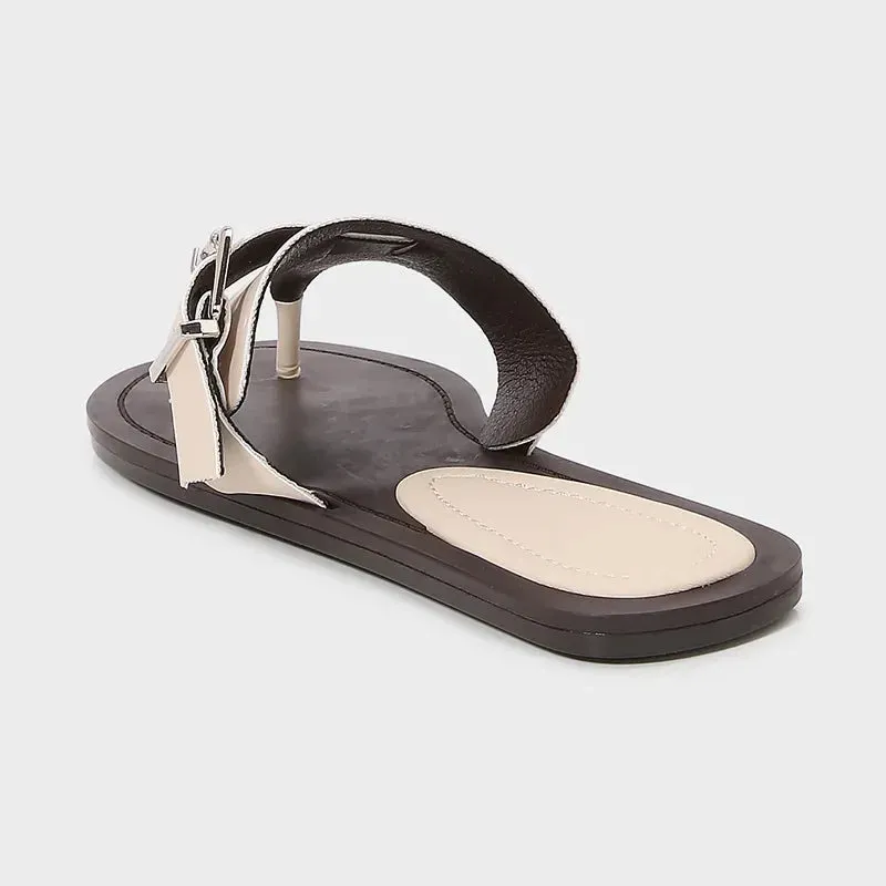 ADVBRIDGE  -  New 2025 Summer Designer Flip Flops Women Fashion Metal Buckle Soft Leather Flat Sandals Lightweight Comfortable Beach Slippers