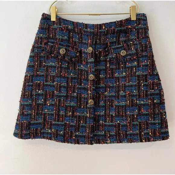 AQUA Tweed mini short  skirt  multicolor  women’s medium gold buttons