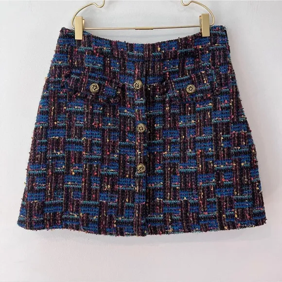 AQUA Tweed mini short  skirt  multicolor  women’s medium gold buttons