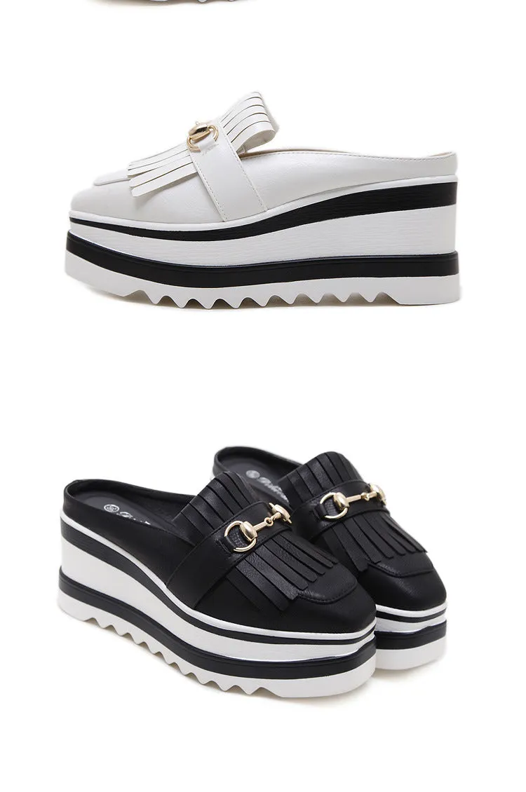 Baotou Half Slippers Female Summer Fashion Tassels Increased Shoes Wear No Heel Lazy Thick-bottomed Cakes Sandals and Slippers