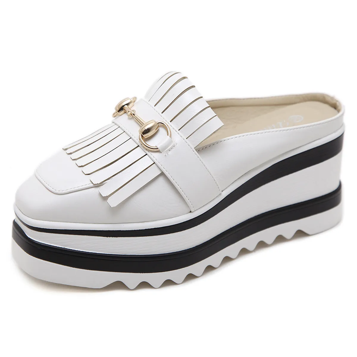 Baotou Half Slippers Female Summer Fashion Tassels Increased Shoes Wear No Heel Lazy Thick-bottomed Cakes Sandals and Slippers