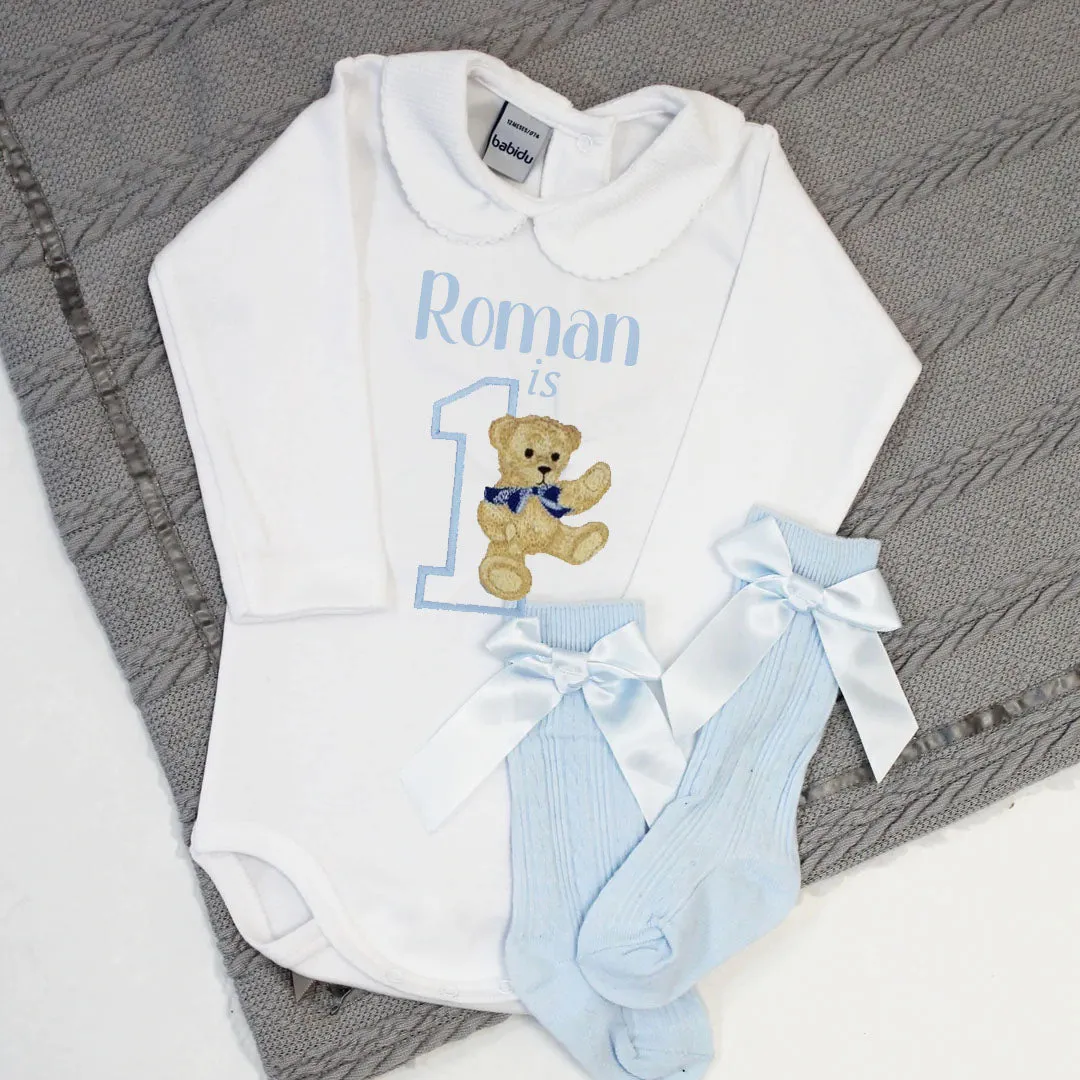 Birthday Embroidered Personalised Babygrow - Vintage Teddy