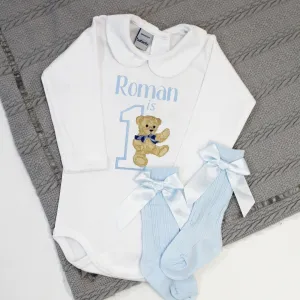 Birthday Embroidered Personalised Babygrow - Vintage Teddy