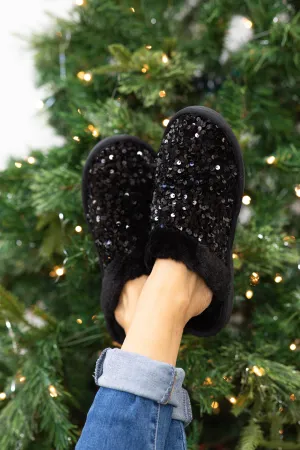 Black Faux Fur Slippers With Sequins