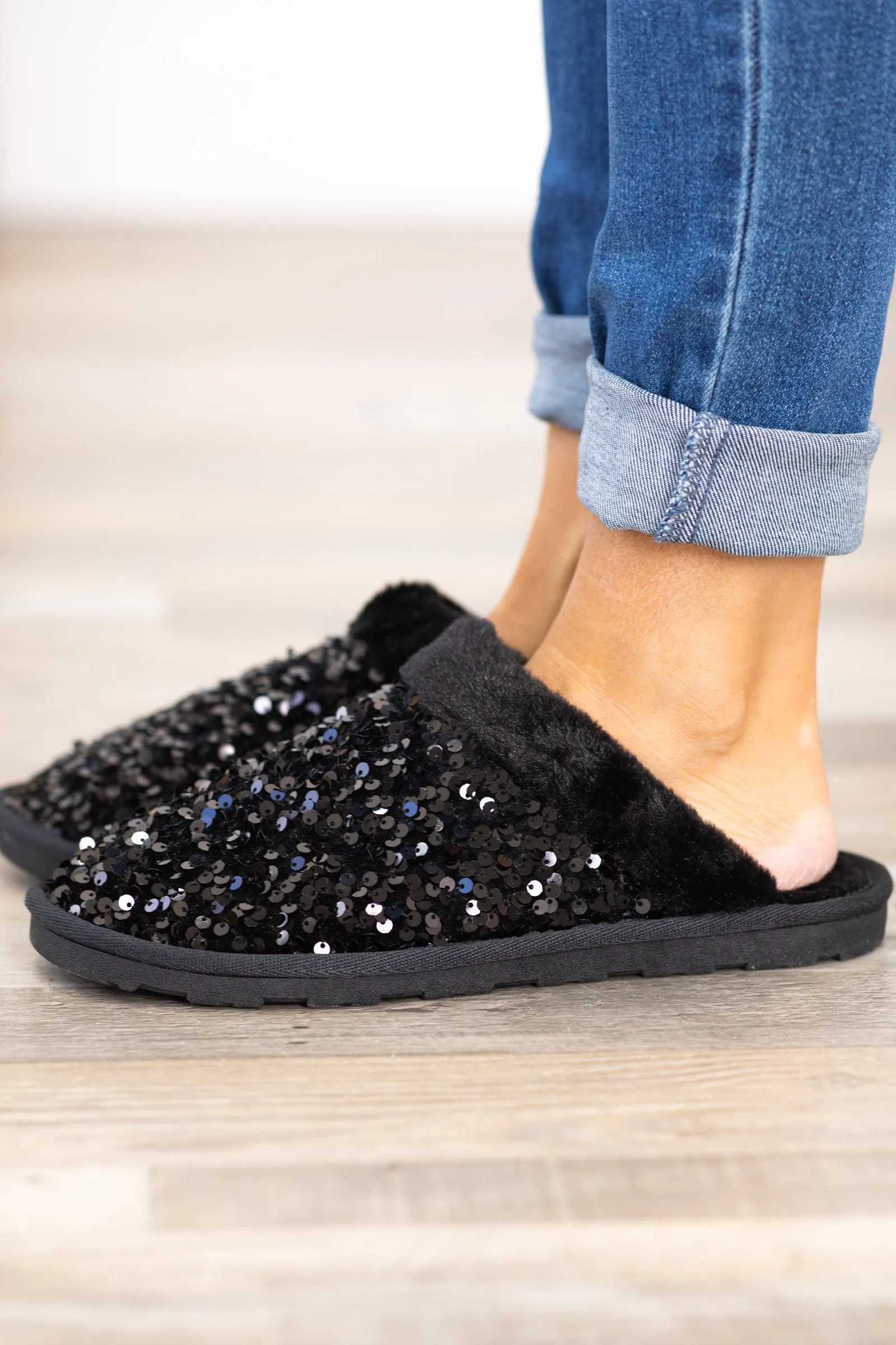 Black Faux Fur Slippers With Sequins