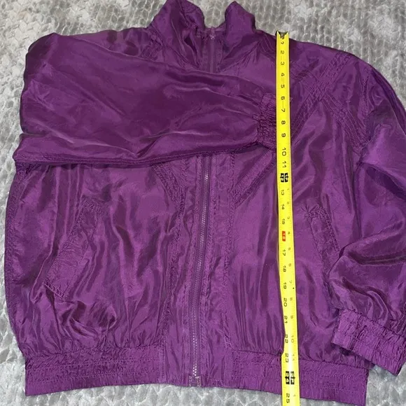 Bogari Purple Silk Bomber Style Jacket.  2 front pockets.  Elastic waist. Large.