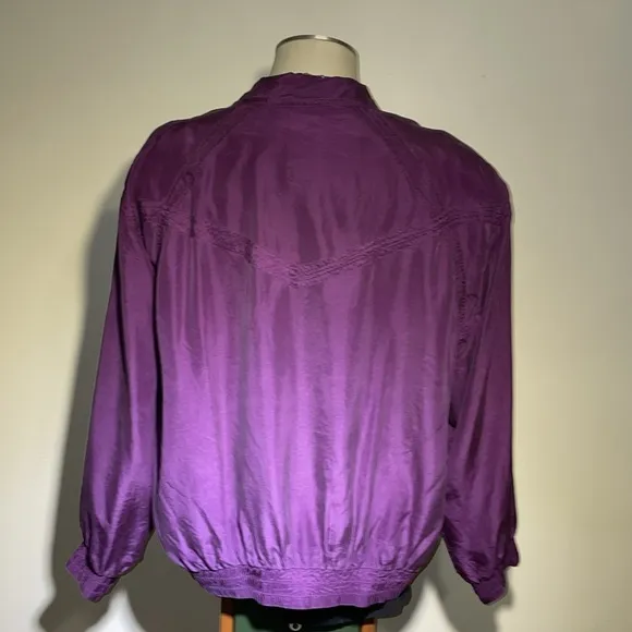 Bogari Purple Silk Bomber Style Jacket.  2 front pockets.  Elastic waist. Large.