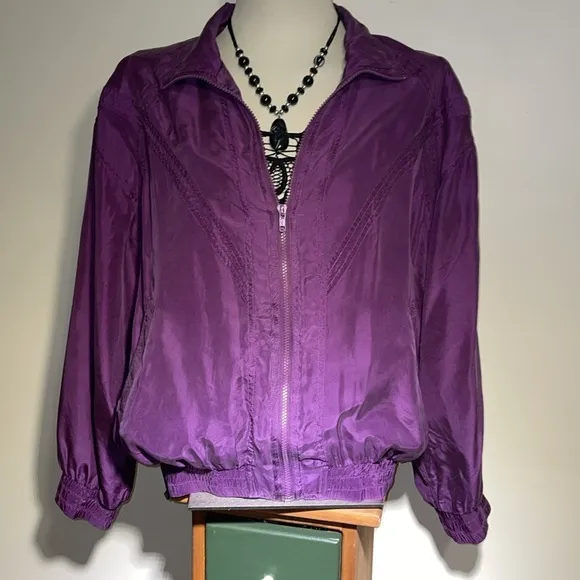 Bogari Purple Silk Bomber Style Jacket.  2 front pockets.  Elastic waist. Large.