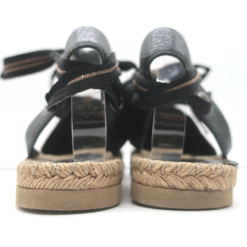 Brunello Cucinelli Monili-Trimmed Ankle Tie Espadrilles Metallic Leather Size 40