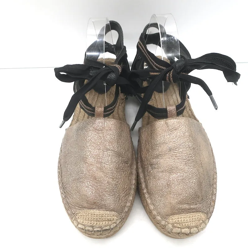 Brunello Cucinelli Monili-Trimmed Ankle Tie Espadrilles Metallic Leather Size 40