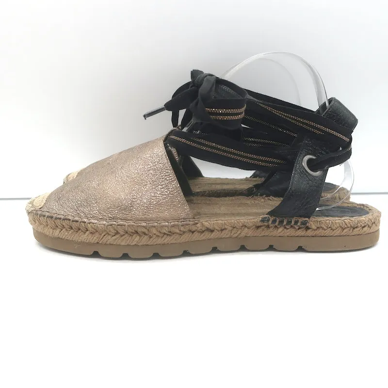 Brunello Cucinelli Monili-Trimmed Ankle Tie Espadrilles Metallic Leather Size 40