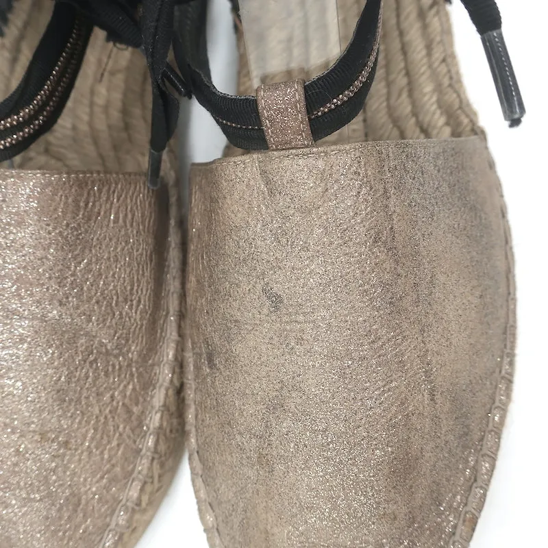 Brunello Cucinelli Monili-Trimmed Ankle Tie Espadrilles Metallic Leather Size 40