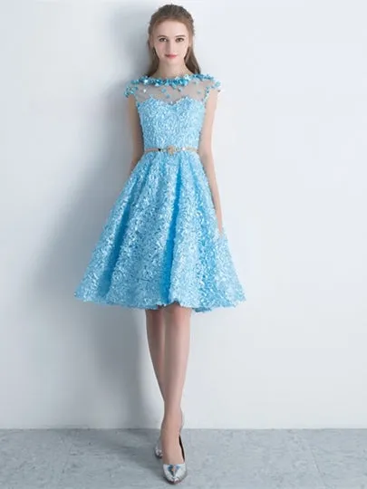 Cap Sleeves Lace Bateau Blue Homecoming Dress