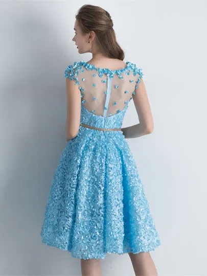 Cap Sleeves Lace Bateau Blue Homecoming Dress
