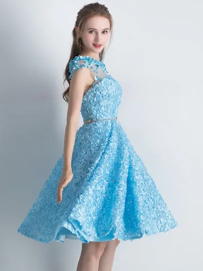 Cap Sleeves Lace Bateau Blue Homecoming Dress