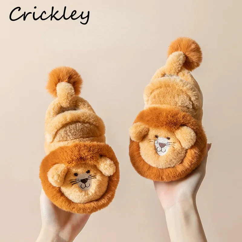 Cartoon Lion Children's Winter Shoes Cute 3D Animals Floor Slippers For Kids Flats Warm Plush Design Child Girls Boys Slippers