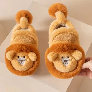 Cartoon Lion Children's Winter Shoes Cute 3D Animals Floor Slippers For Kids Flats Warm Plush Design Child Girls Boys Slippers