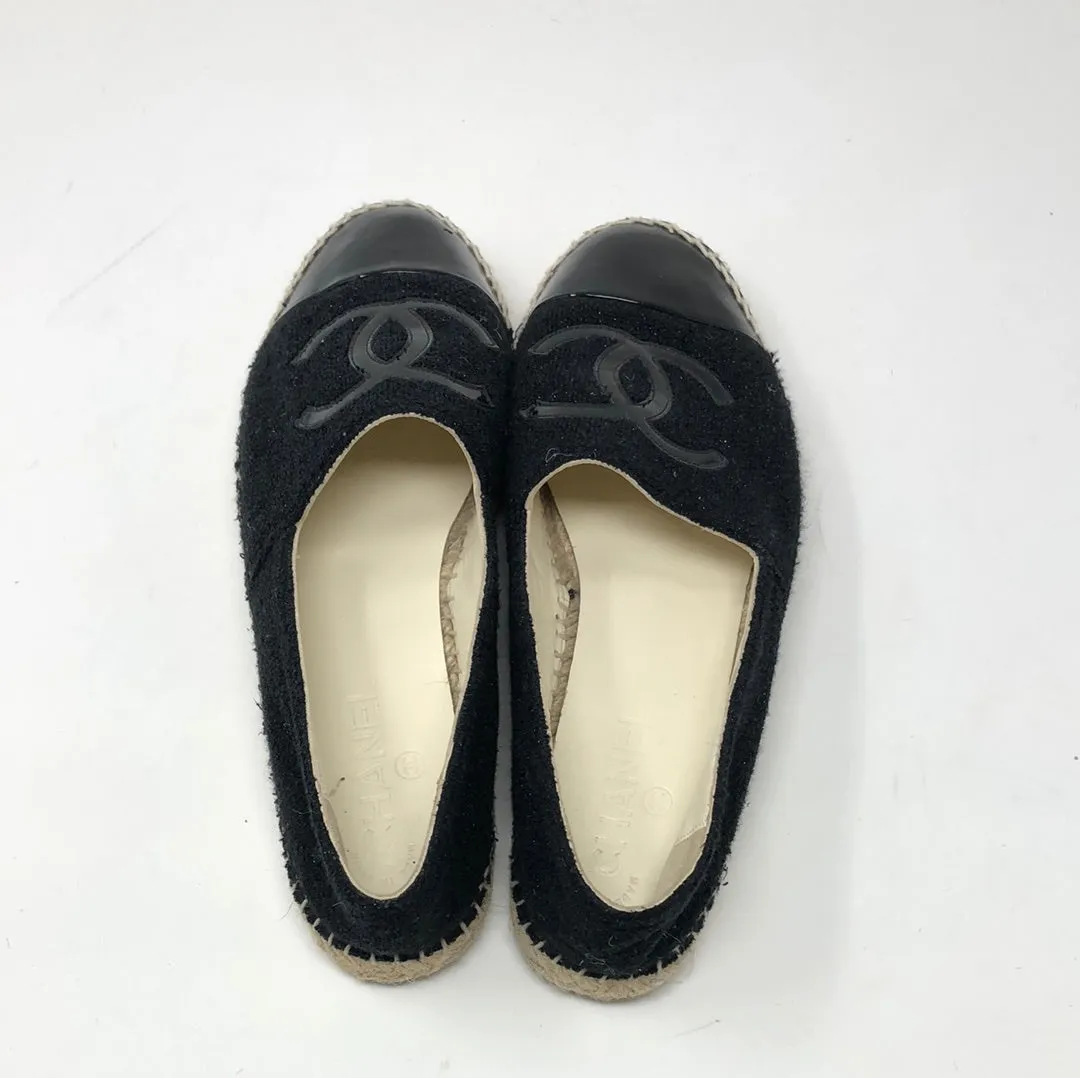 Chanel Black Sparkle Terry Espadrille with Patent Leather Toe and CC
