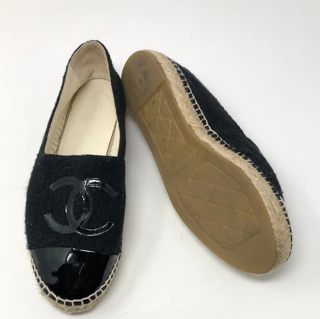 Chanel Black Sparkle Terry Espadrille with Patent Leather Toe and CC