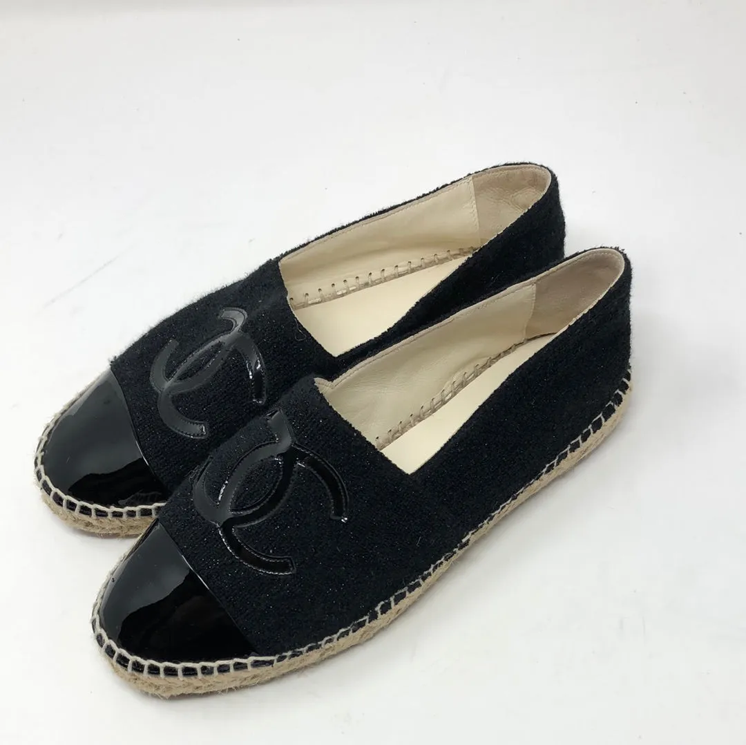 Chanel Black Sparkle Terry Espadrille with Patent Leather Toe and CC