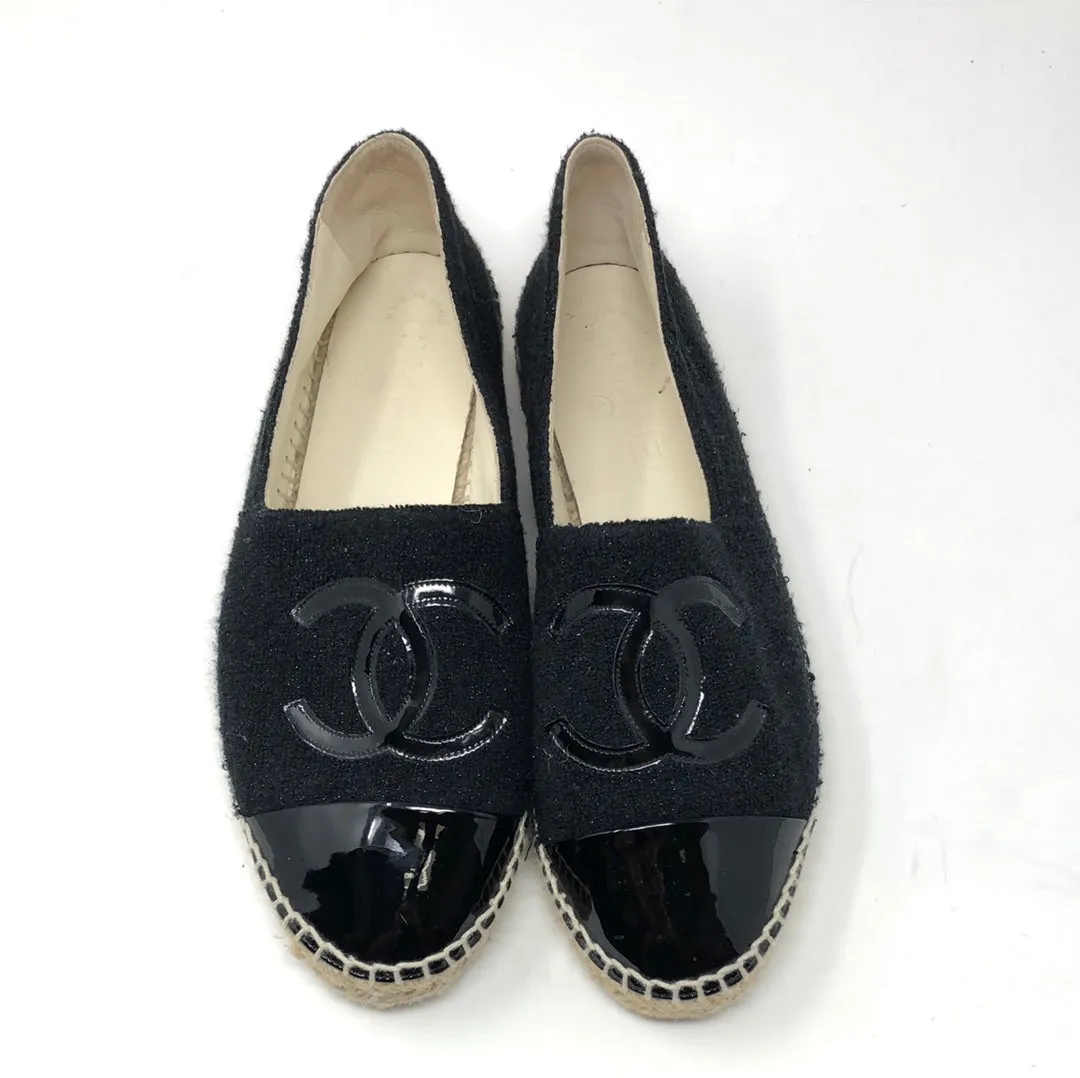 Chanel Black Sparkle Terry Espadrille with Patent Leather Toe and CC