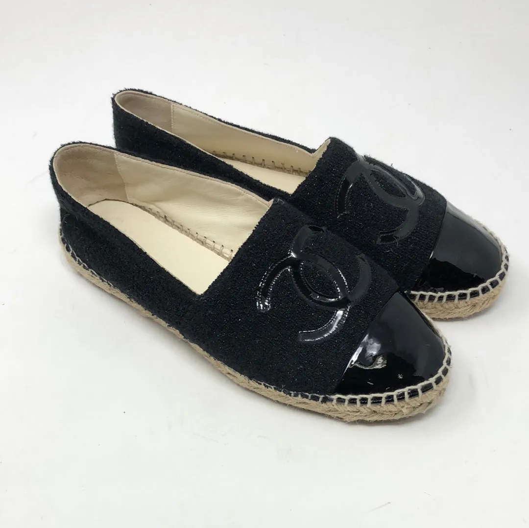 Chanel Black Sparkle Terry Espadrille with Patent Leather Toe and CC