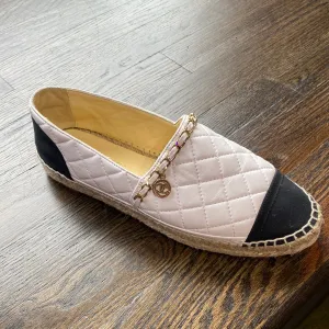 Chanel White Quilted Leather Espadrille with Black Grosgrain Toe and Gold Chain