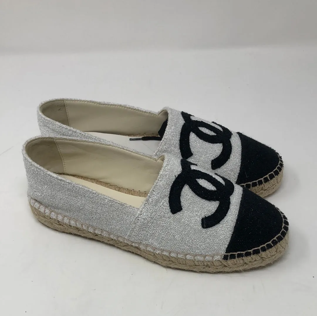Chanel White Sparkle Terry Espadrille with Black Toe and Interlock CC
