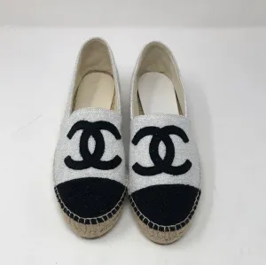 Chanel White Sparkle Terry Espadrille with Black Toe and Interlock CC