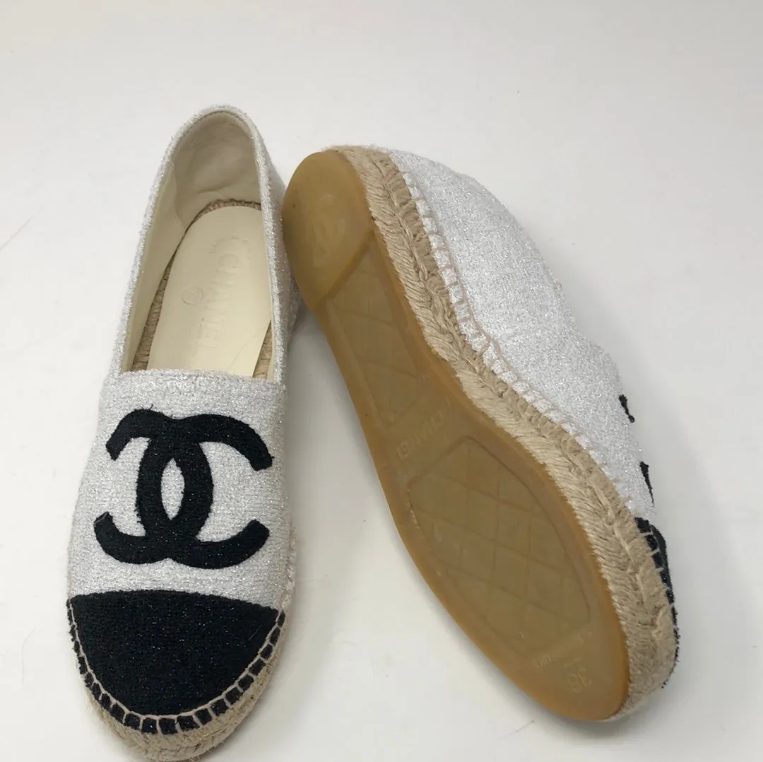 Chanel White Sparkle Terry Espadrille with Black Toe and Interlock CC