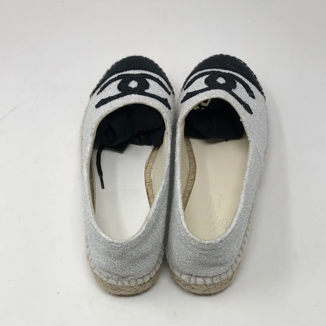 Chanel White Sparkle Terry Espadrille with Black Toe and Interlock CC
