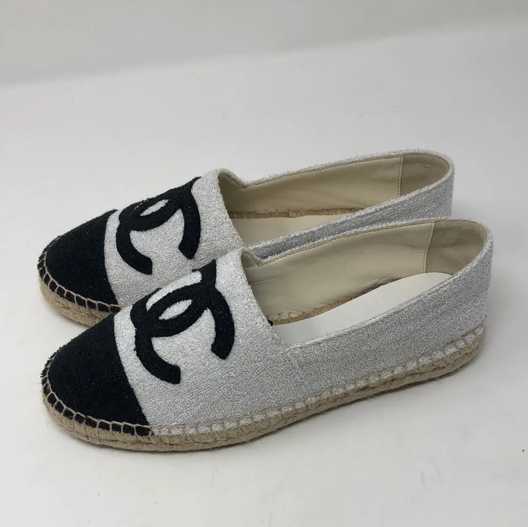 Chanel White Sparkle Terry Espadrille with Black Toe and Interlock CC