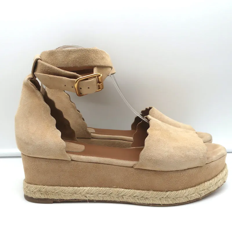 Chloe Lauren Ankle Strap Platform Espadrille Wedge Sandals Beige Suede Size 41