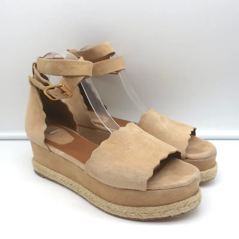 Chloe Lauren Ankle Strap Platform Espadrille Wedge Sandals Beige Suede Size 41